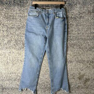 Zara Jeans Womens 10 Light Wash The Dreed Flare Raw Hem Distressed Denim Cropped